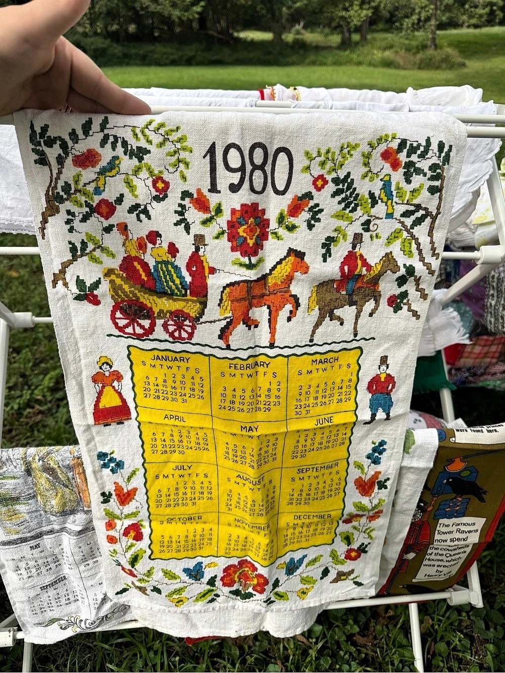 1980 Calendar Textile Kitchen Linen yea towel White & Yellow